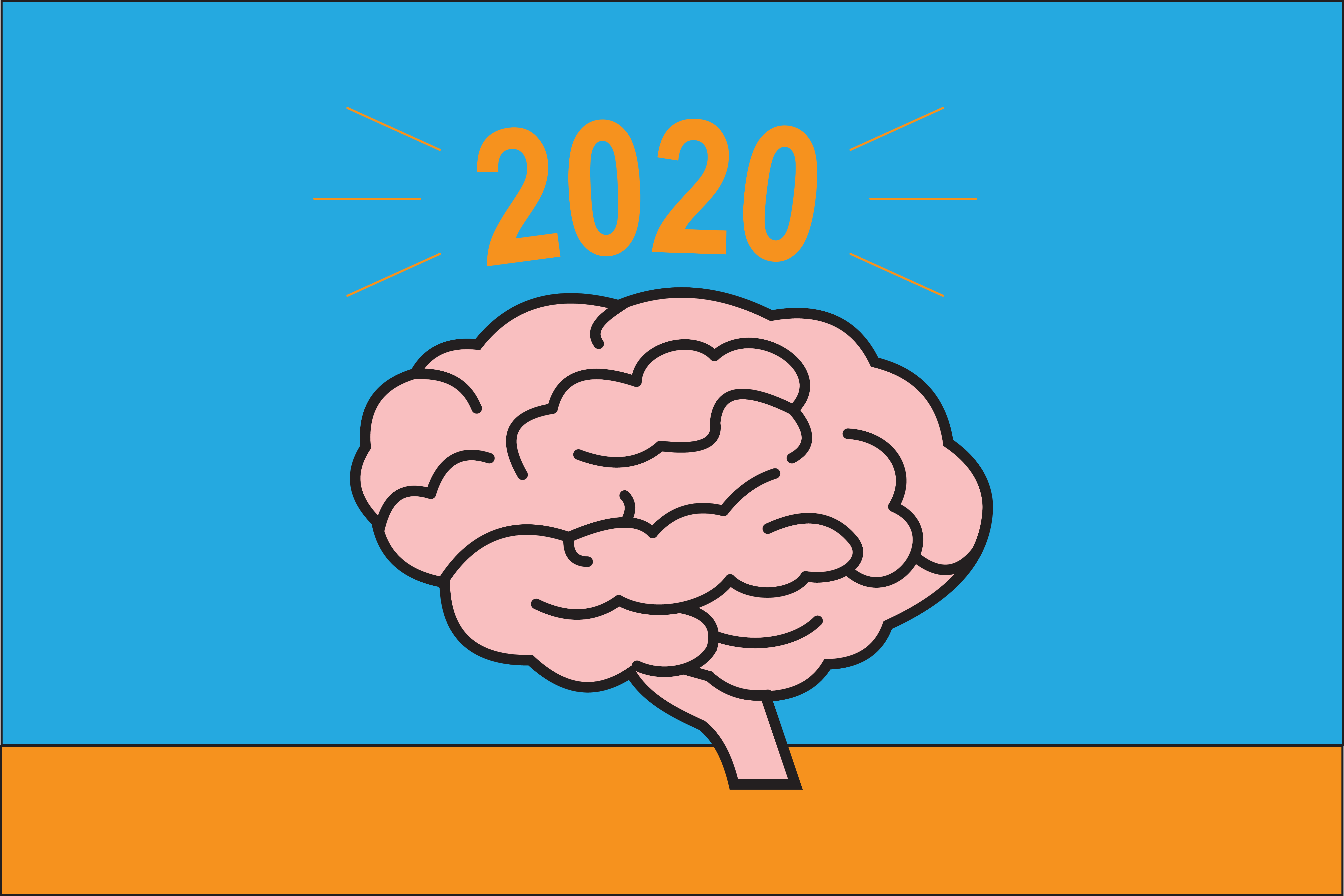 Two dimentional illistration of a human brain with the year 2020 as a banner curved over the top of the brain with a light-blue background and ornage ground